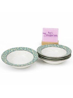 Misono PAVILLION 4856 Green Rim Tan Scroll Ceramic Oven Safe Rim Soup Bowl Set 4